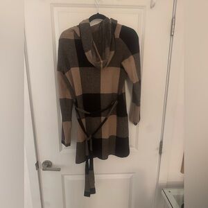 Rachel Zoe Hooded Plaid Cardigan Sweater - Black & Tan